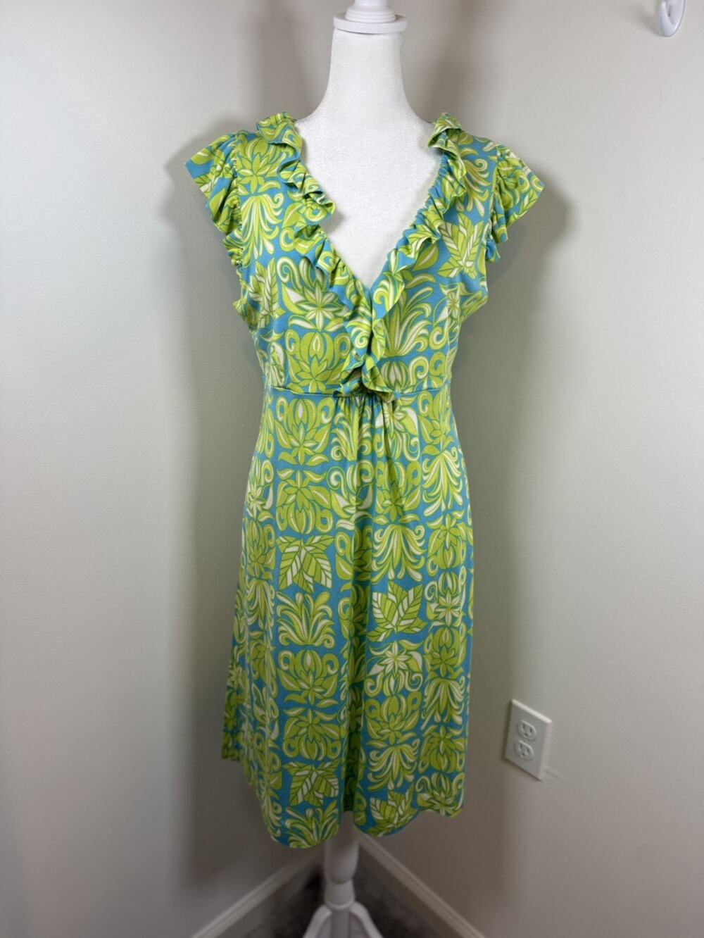 Lilly Pulitzer Women's Large Clare Silk Cotton Blend Ruffle Dress Retro 70s Mod